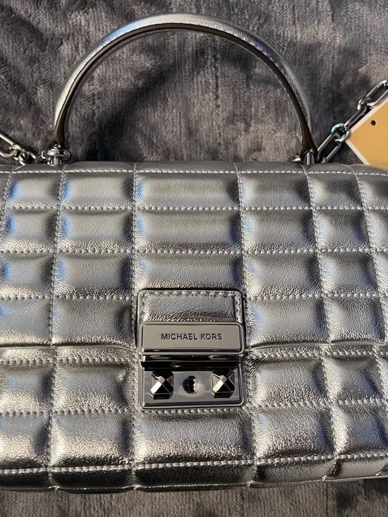 Michael Kors Metallic Silver Tribeca Quilted Top Handle Satchel - Picture 2 of 9